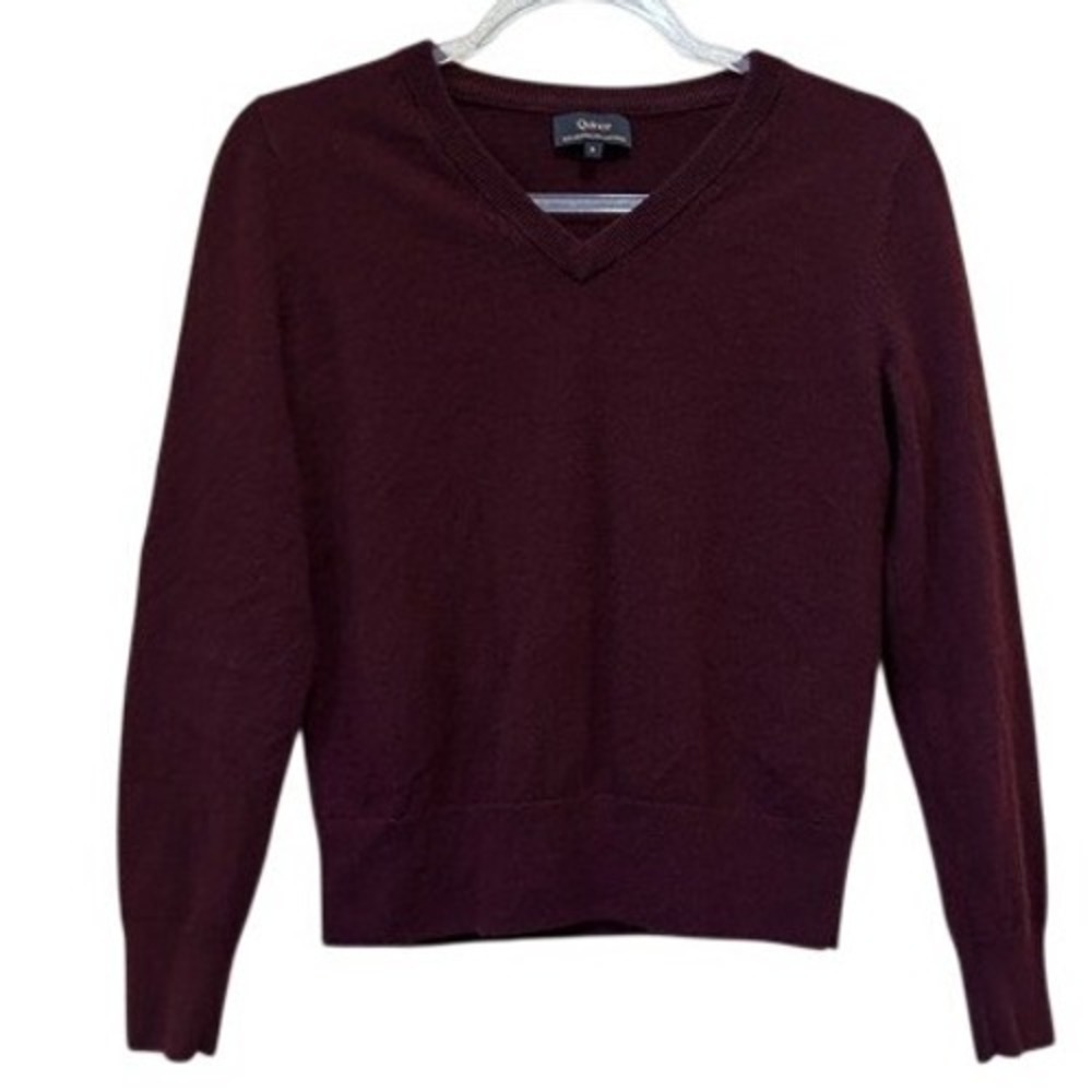 Quince Size S 100% Mongolian Cashmere V-Neck Sweater Burgundy Wine Luxe Knit